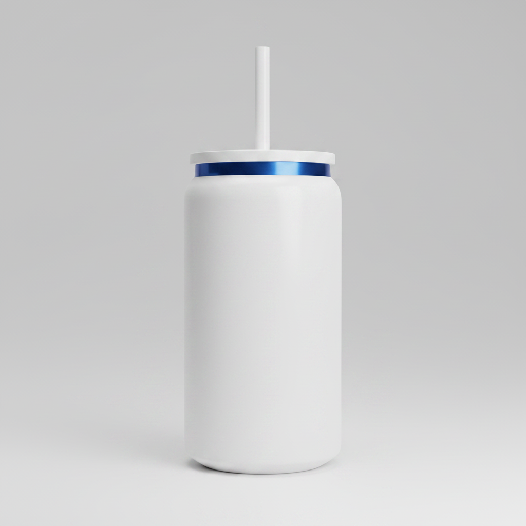 White tumbler with a blue rim and straw on a white background