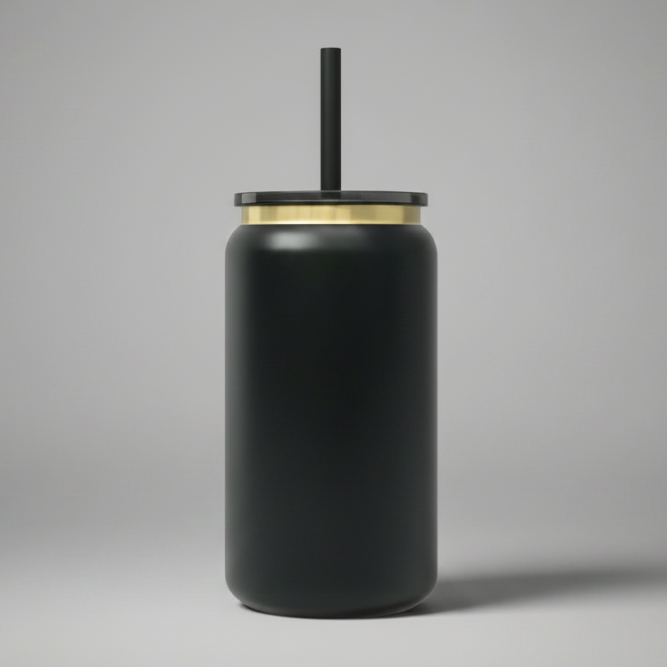 A 16oz black gold plated tumbler with a black straw