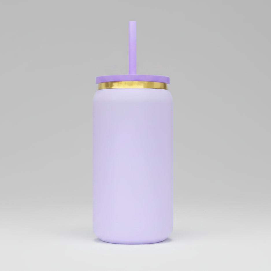 A 16oz gold plated tumbler with a lavender colored body and a lavender straw.
