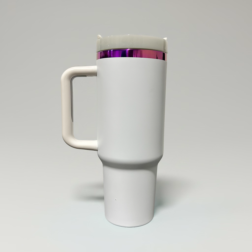A white insulated travel mug with a matching white handle and lid, featuring a metallic purple and pink band around the rim, set against a plain light gray background.