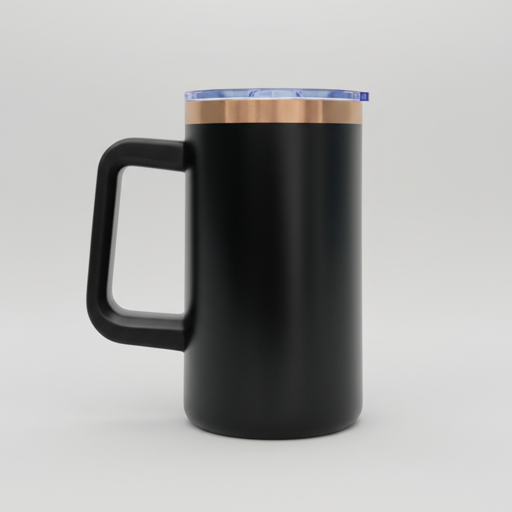 black mug with handle. Copper rim and clear lid