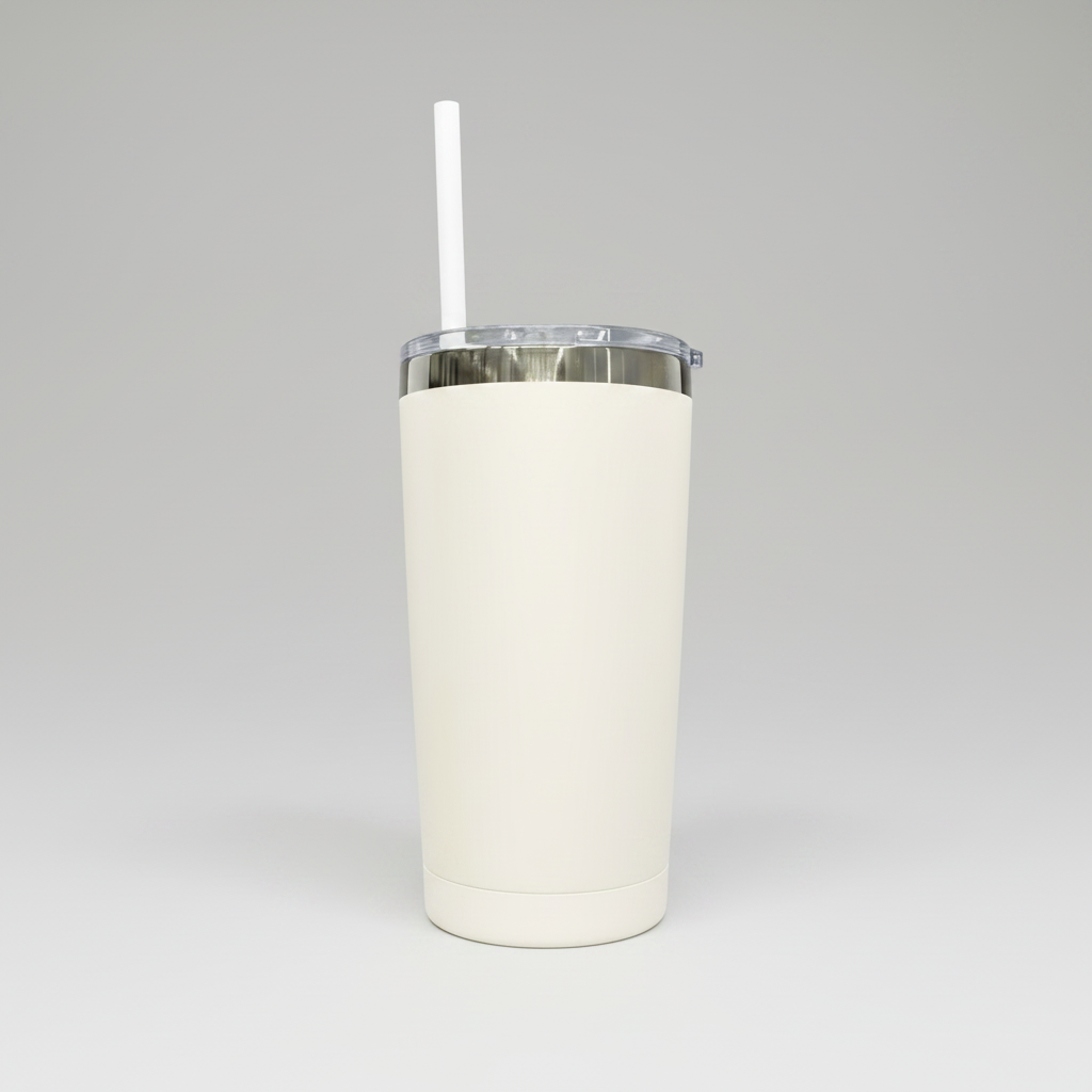 A 20oz cream-colored plastic tumbler with a mirror black plated rim and a white straw