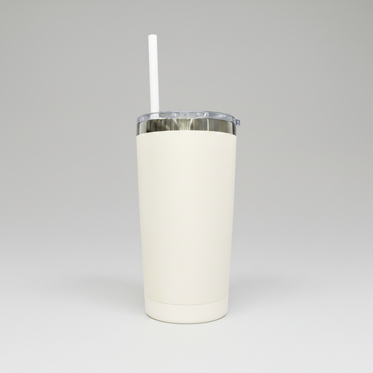 A 20oz cream-colored plastic tumbler with a mirror black plated rim and a white straw