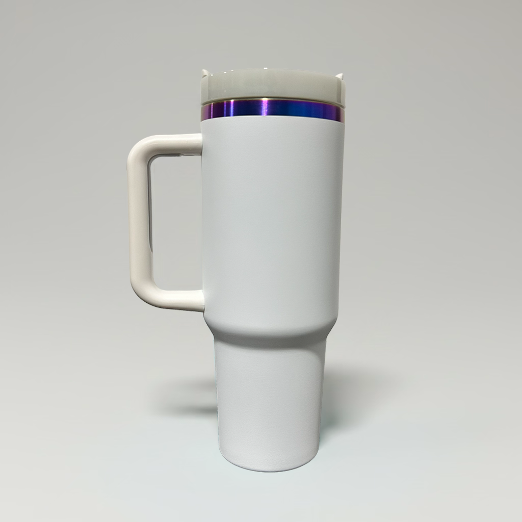 A white travel mug with a handle and a metallic iridescent purple band near the lid, shown on a light gray background.