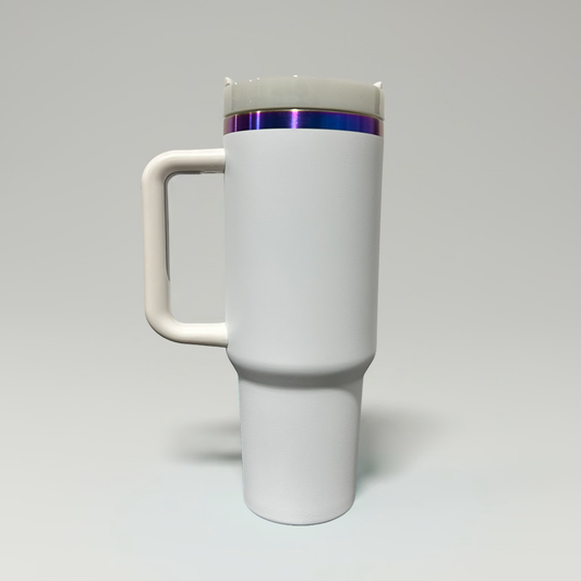 A white travel mug with a handle and a metallic iridescent purple band near the lid, shown on a light gray background.
