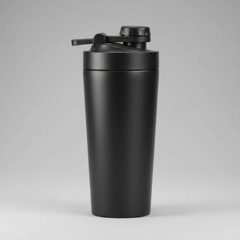 A matte black shaker bottle with a flip-top lid and integrated straw, shown on a plain white background.
