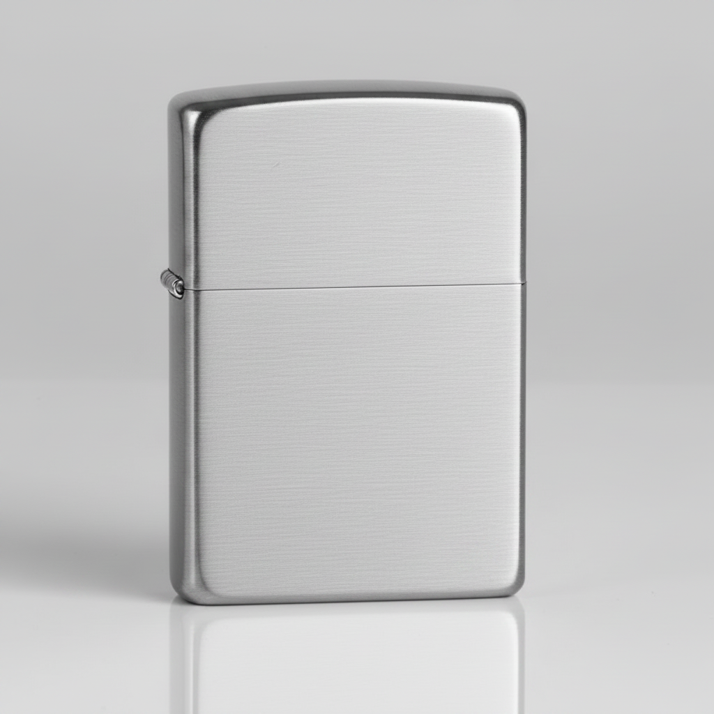 Chrome lighter on a reflective surface with a gray background