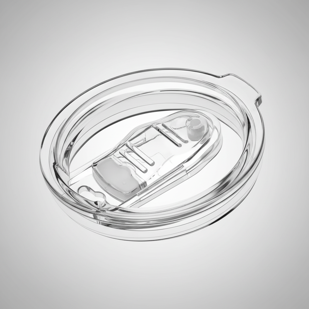 A clear plastic and glass travel tumbler lid with a flip-up straw spout, shown on a solid white background.