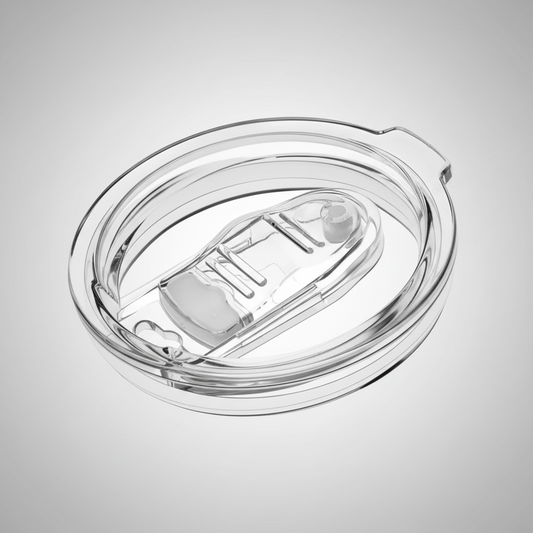 A clear plastic and glass travel tumbler lid with a flip-up straw spout, shown on a solid white background.