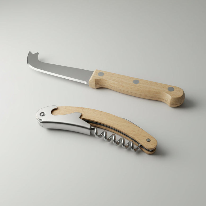 A two-piece kitchen tool set consisting of a small carving knife and a corkscrew, both with light wood handles and stainless steel blades, displayed on a light wood cutting board.