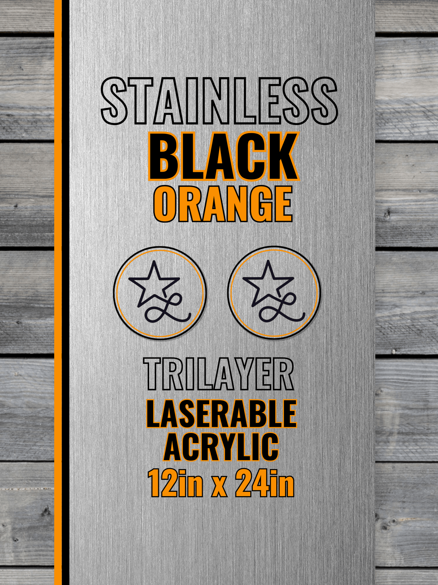Acrylic: Stainless / Black / Orange TriLayer Durra-Bull™ Laserable Panels (12"x24")