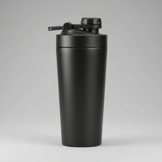 A matte black shaker bottle with a flip-top lid and integrated straw, shown on a plain white background.