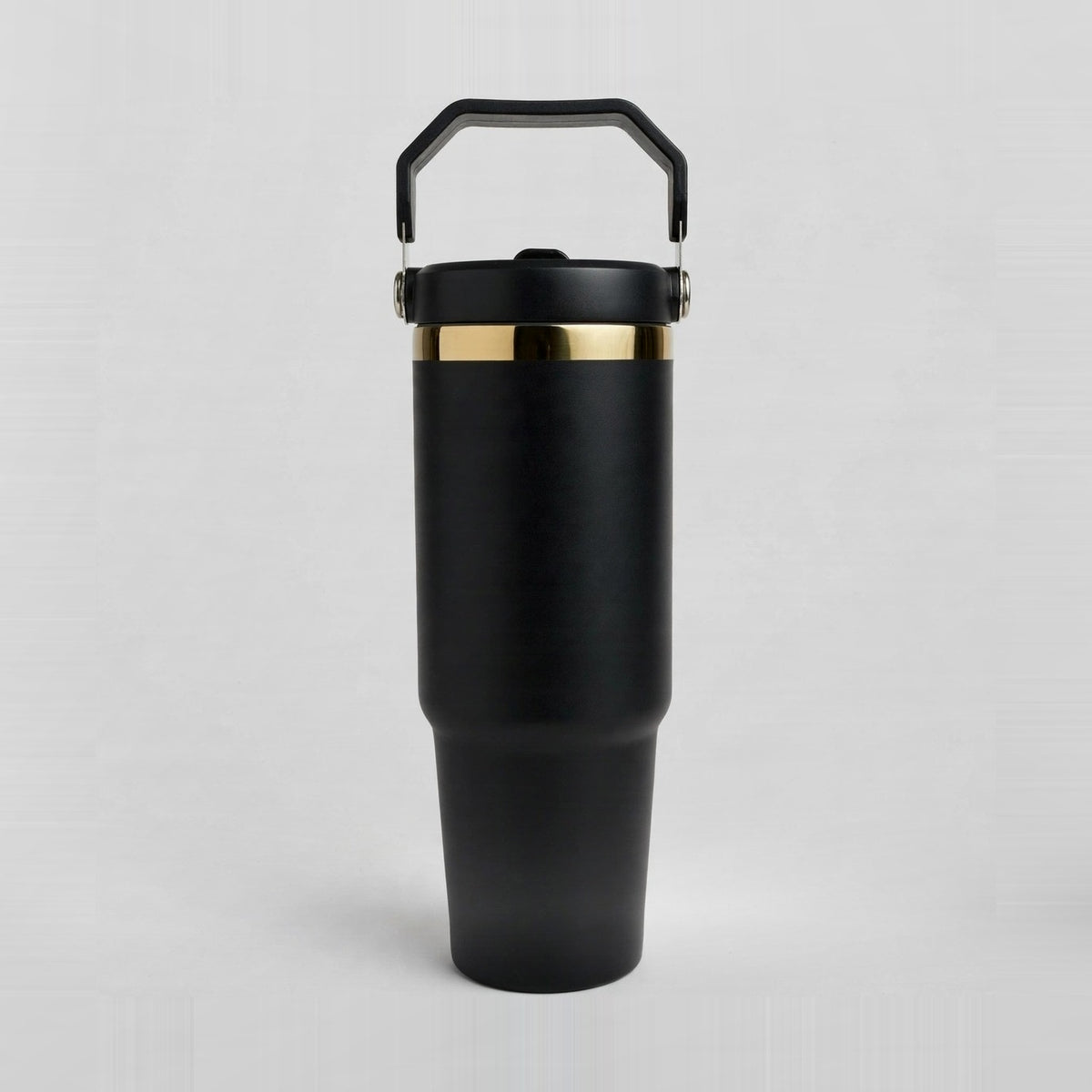 30oz Mirror Gold Plated Flip Tumbler in matte black - front view