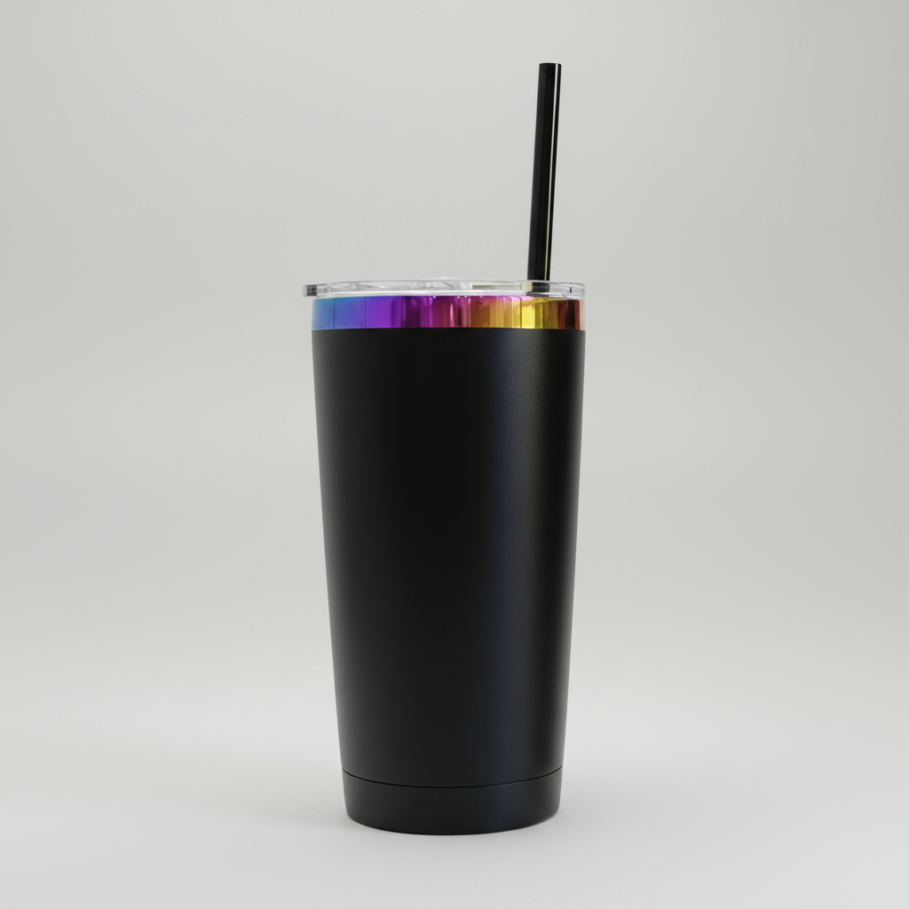 black tumbler with rainbow colored rim.  Black straw, clear lid.