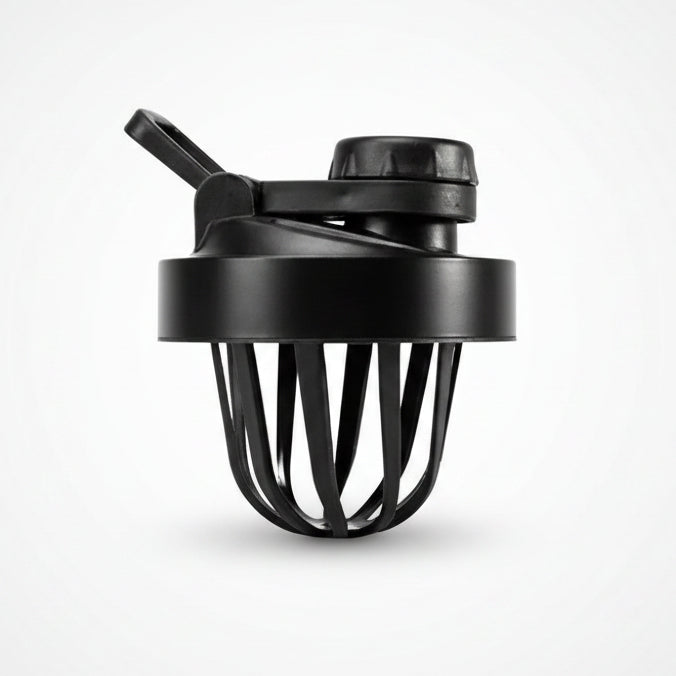 A black plastic shaker bottle lid with a whisker-style lower section and a flip-up spout, shown on a plain white background.