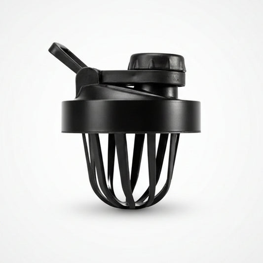 A black plastic shaker bottle lid with a whisker-style lower section and a flip-up spout, shown on a plain white background.